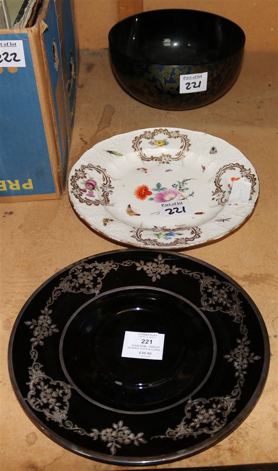 Glass bowl, overlay silvered plate & floral plate